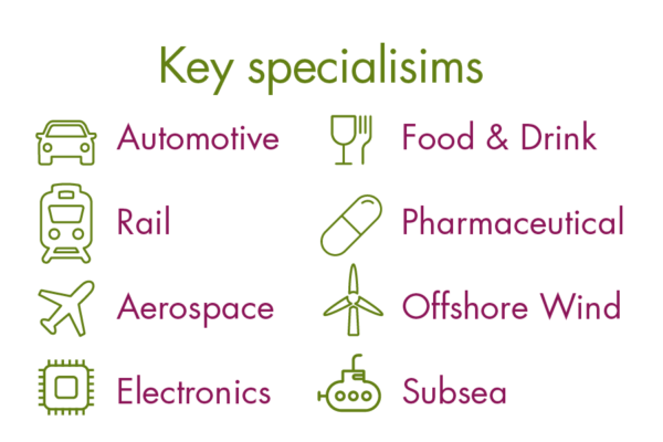 Key specialisms, automotive, Rail, Aerospace, Electronics, Food and Drink, Pharmaceutical, Offshore wind, SubseaKey specialisms, automotive, Rail, Aerospace, Electronics, Food and Drink, Pharmaceutical, Offshore wind, Subsea